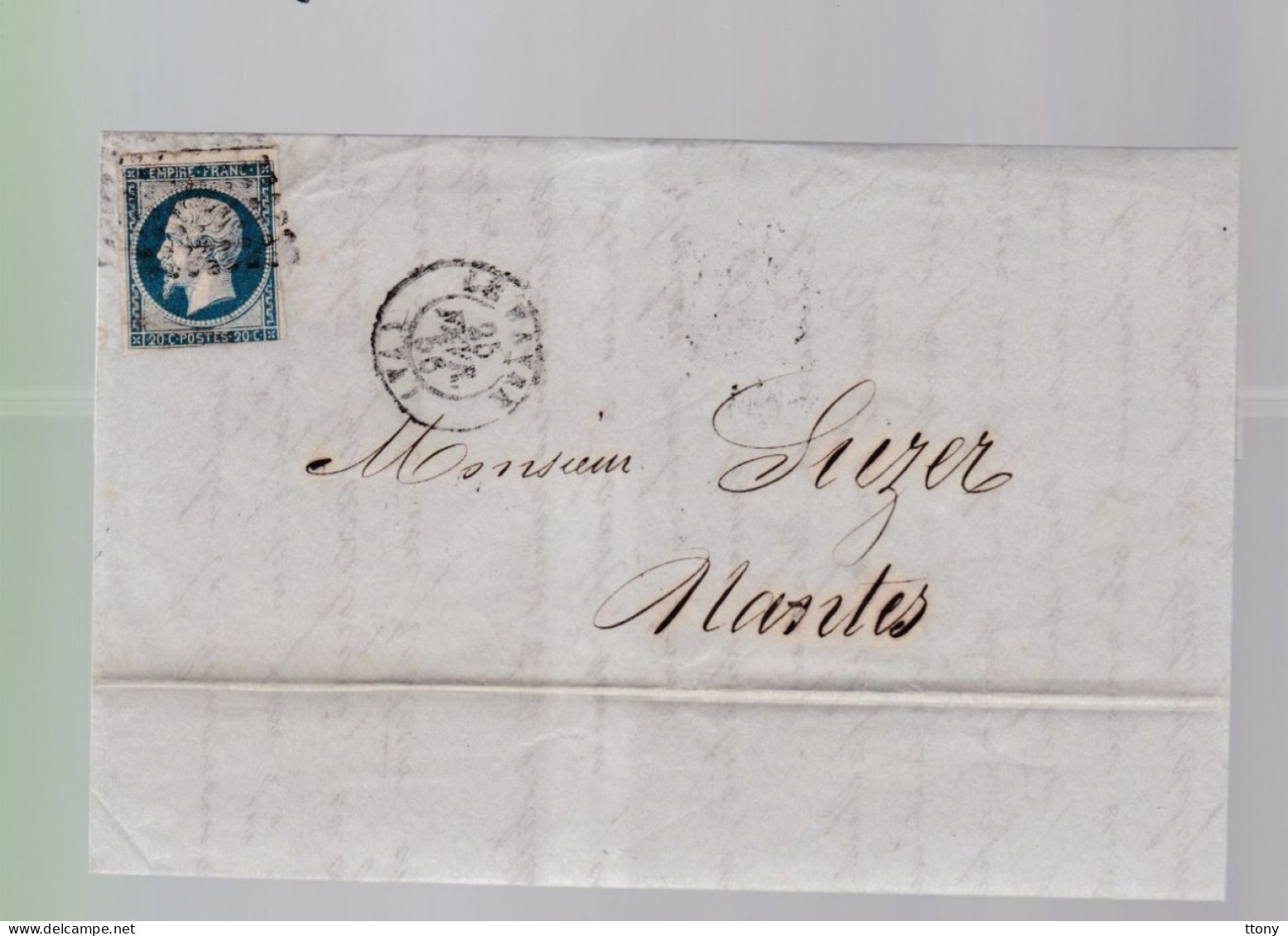 Timbre N° 14 Napoléon III  Bleu     20 C   Sur Lettre  Départ Le Havre  1856  Destination    Nantes - 1853-1860 Napoléon III