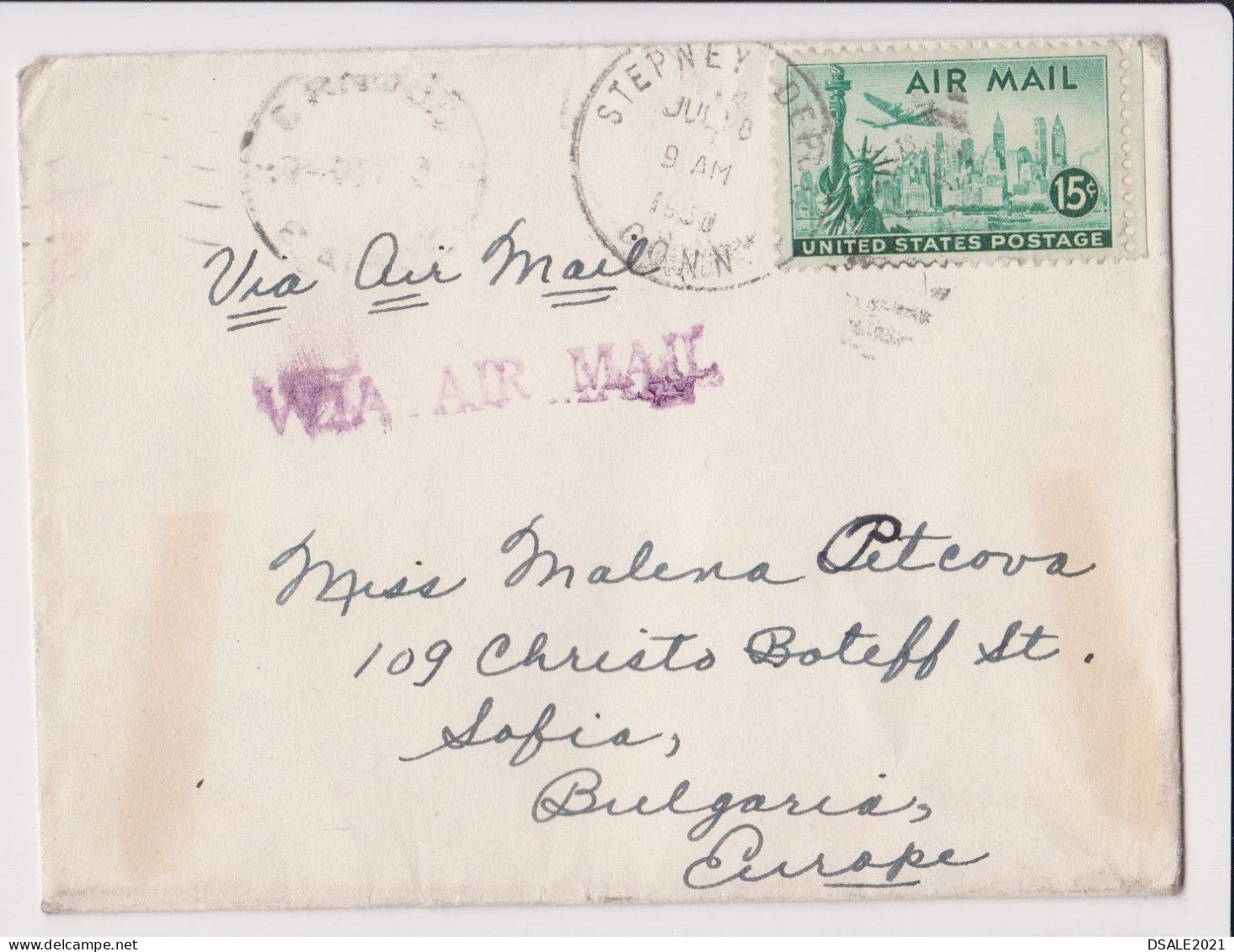 USA United States 1950 AIRMAIL Cover W/Topic Stamp 15c New York City Skyline, Sent STEPNEY CONNECTICUT To Bulgaria /943 - Storia Postale