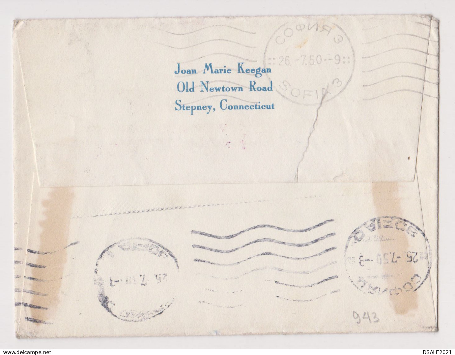 USA United States 1950 AIRMAIL Cover W/Topic Stamp 15c New York City Skyline, Sent STEPNEY CONNECTICUT To Bulgaria /943 - Covers & Documents