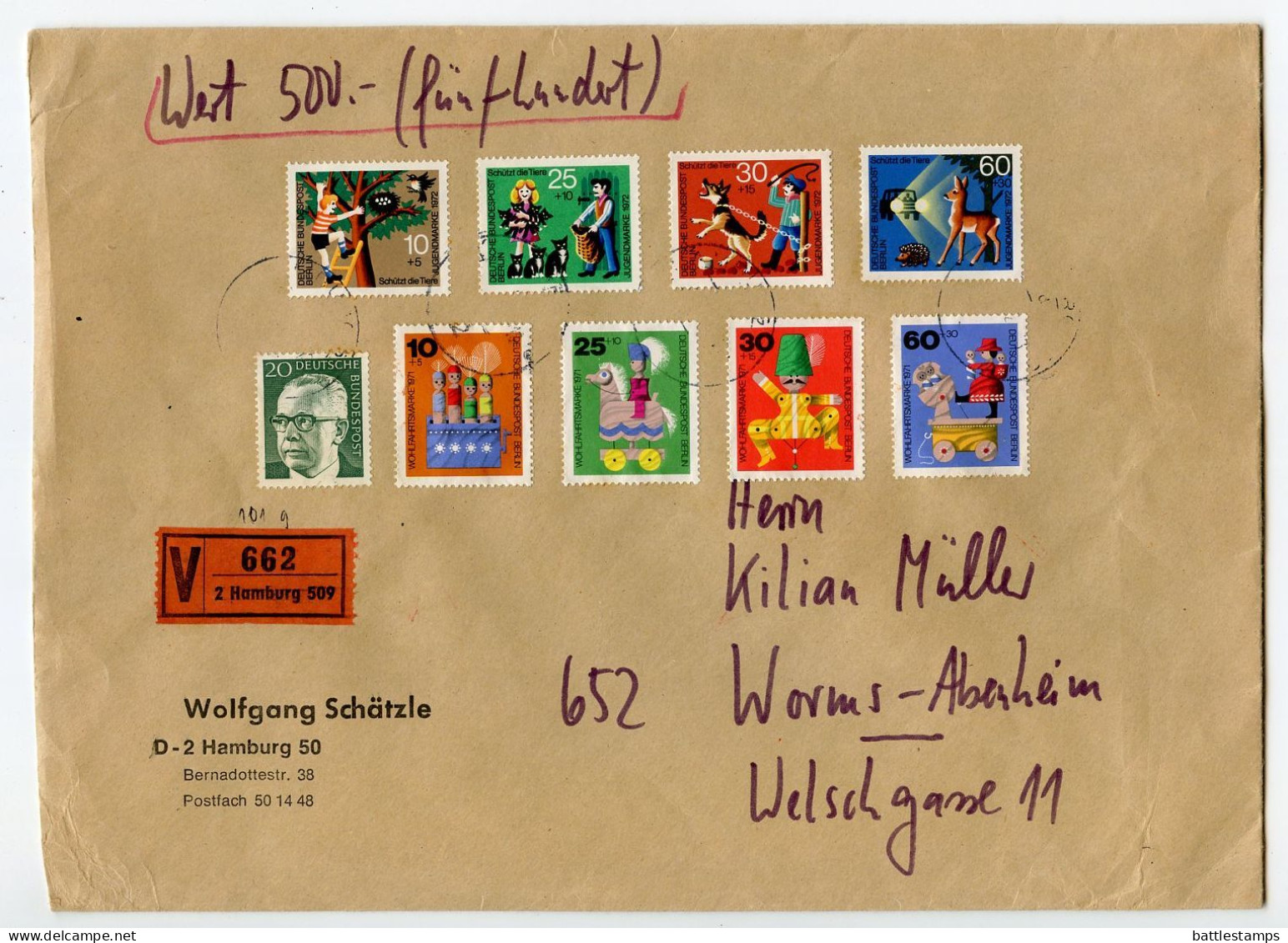 Germany West 1970's Insured V-Label Cover; Hamburg To Worms-Abenheim; Animal Protection & Wooden Toys Semi-Postal Stamps - Cartas & Documentos