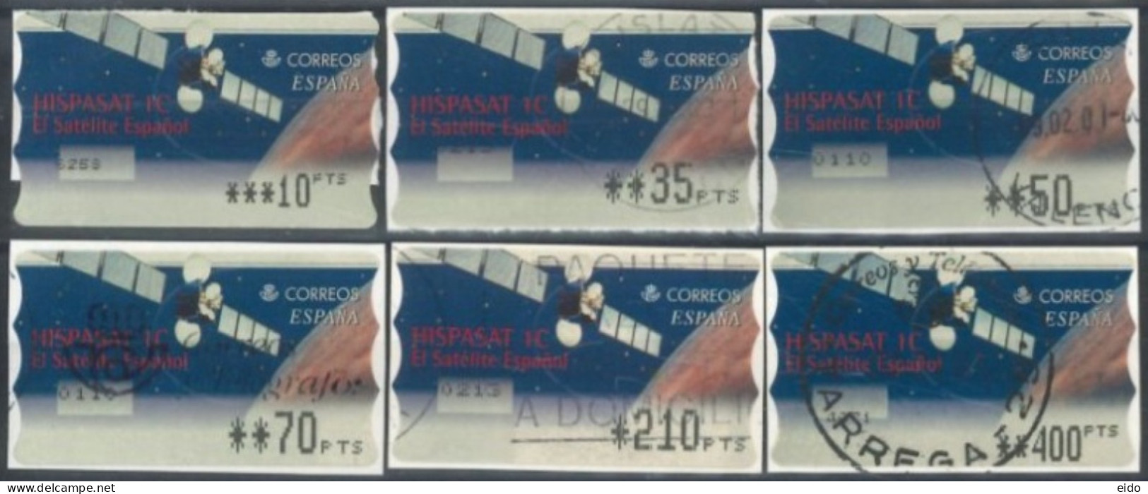 SPAIN - 2001 - HISPASAT 1C SPANISH SATELLITE STAMPS LABELS SET OF 6 OF DIFFERENT VALUES, USED . - Used Stamps