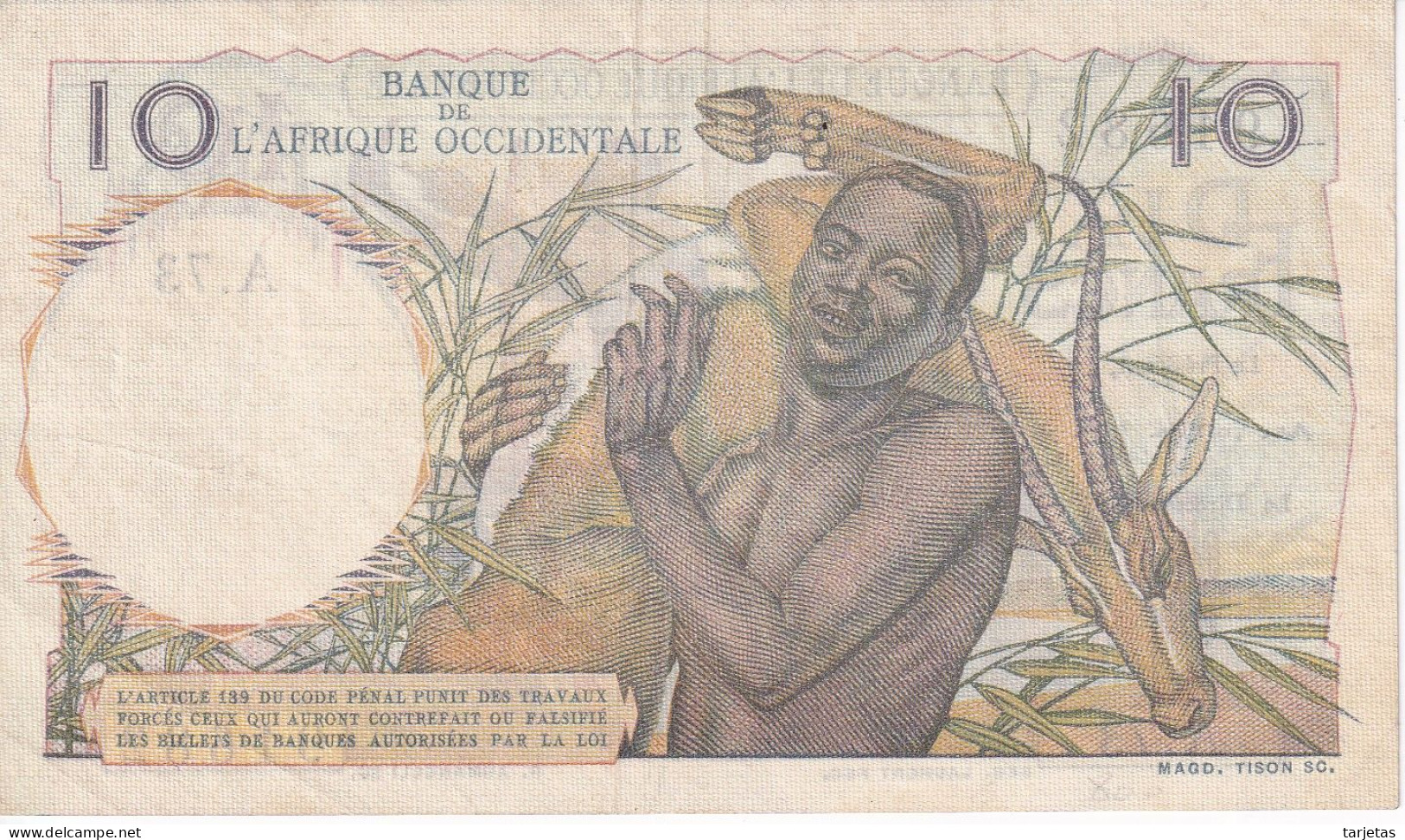 BILLETE DE AFRIQUE OCCIDENTALE DE 10 FRANCS DEL AÑO 1949 (BANKNOTE) - West African States