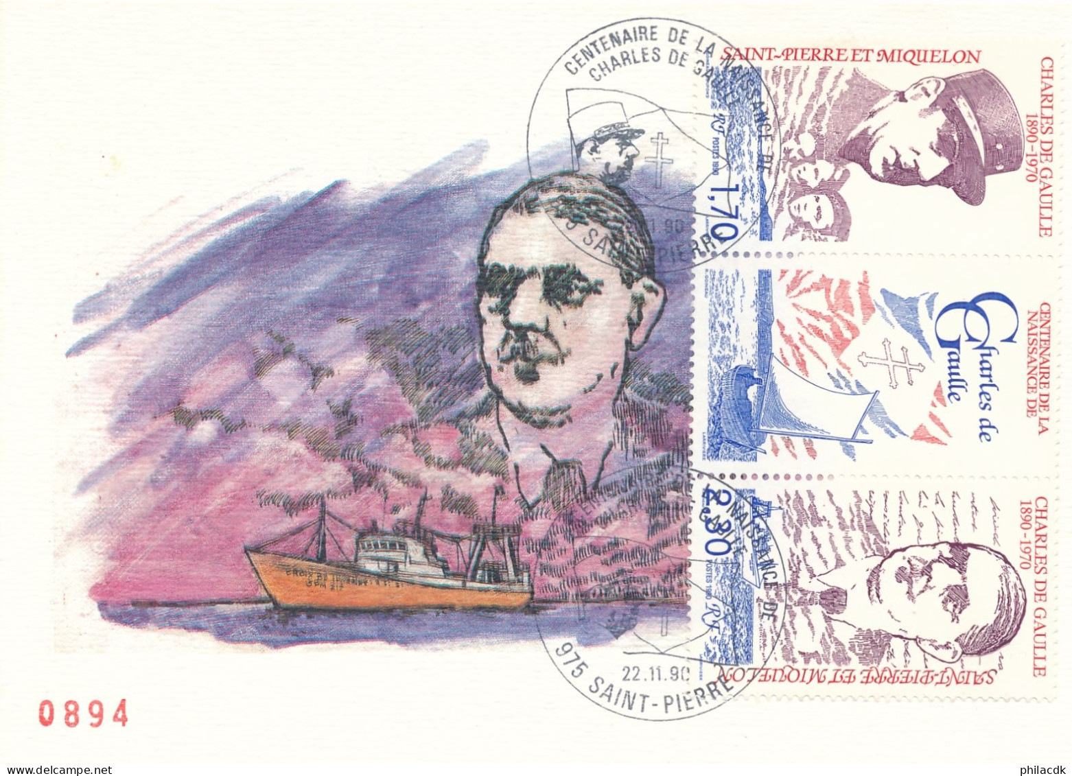 SAINT PIERRE ET MIQUELON - CARTE MAXIMUM CENTENAIRE DE LA NAISSANCE DE CHARLES DE GAULLE DU 22 NOVEMBRE 1990 - De Gaulle (General)