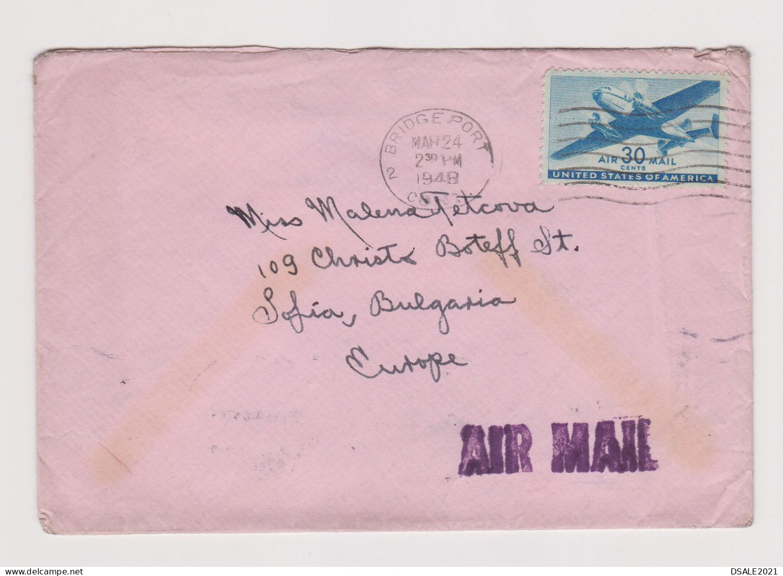 USA United States 1948 AIRMAIL Cover W/Topic Stamp 30c Airplane, Sent BRIDGEPORT CONNECTICUT To Bulgaria /948 - Cartas & Documentos