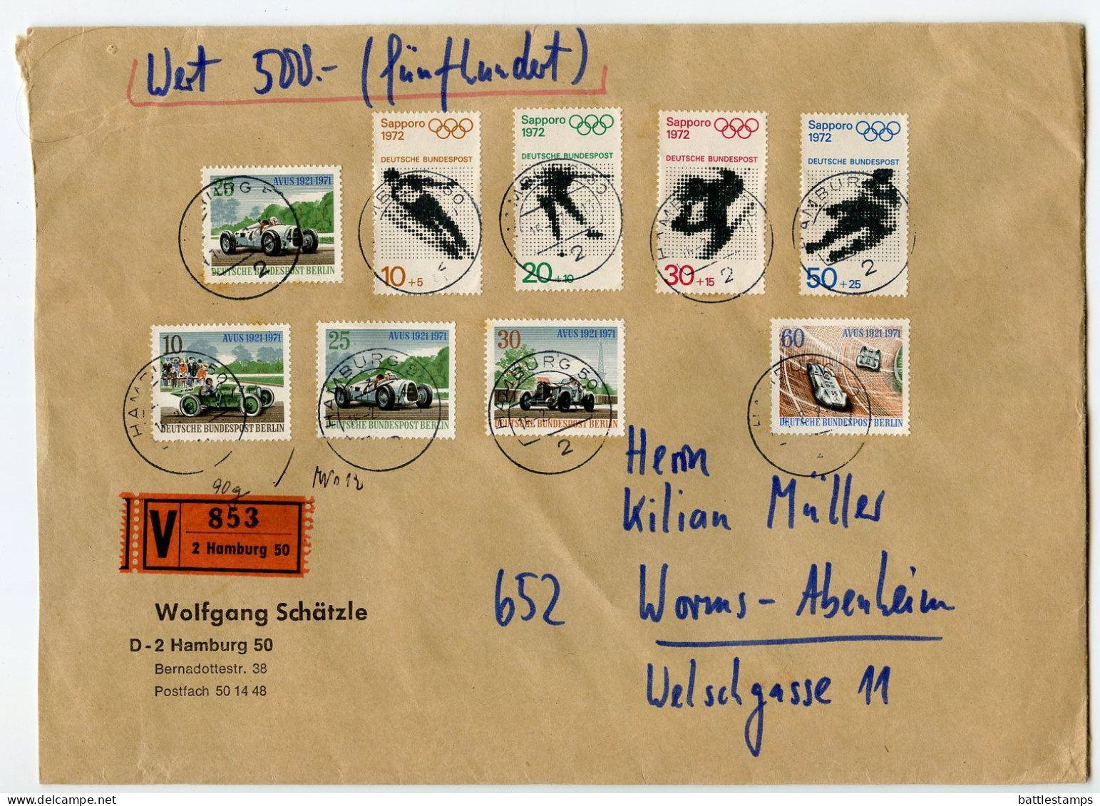 Germany, West 1970's Insured V-Label Cover; Hamburg To Worms-Abenheim; Stamps - 1972 Winter Olympics & Avus Race Track - Briefe U. Dokumente