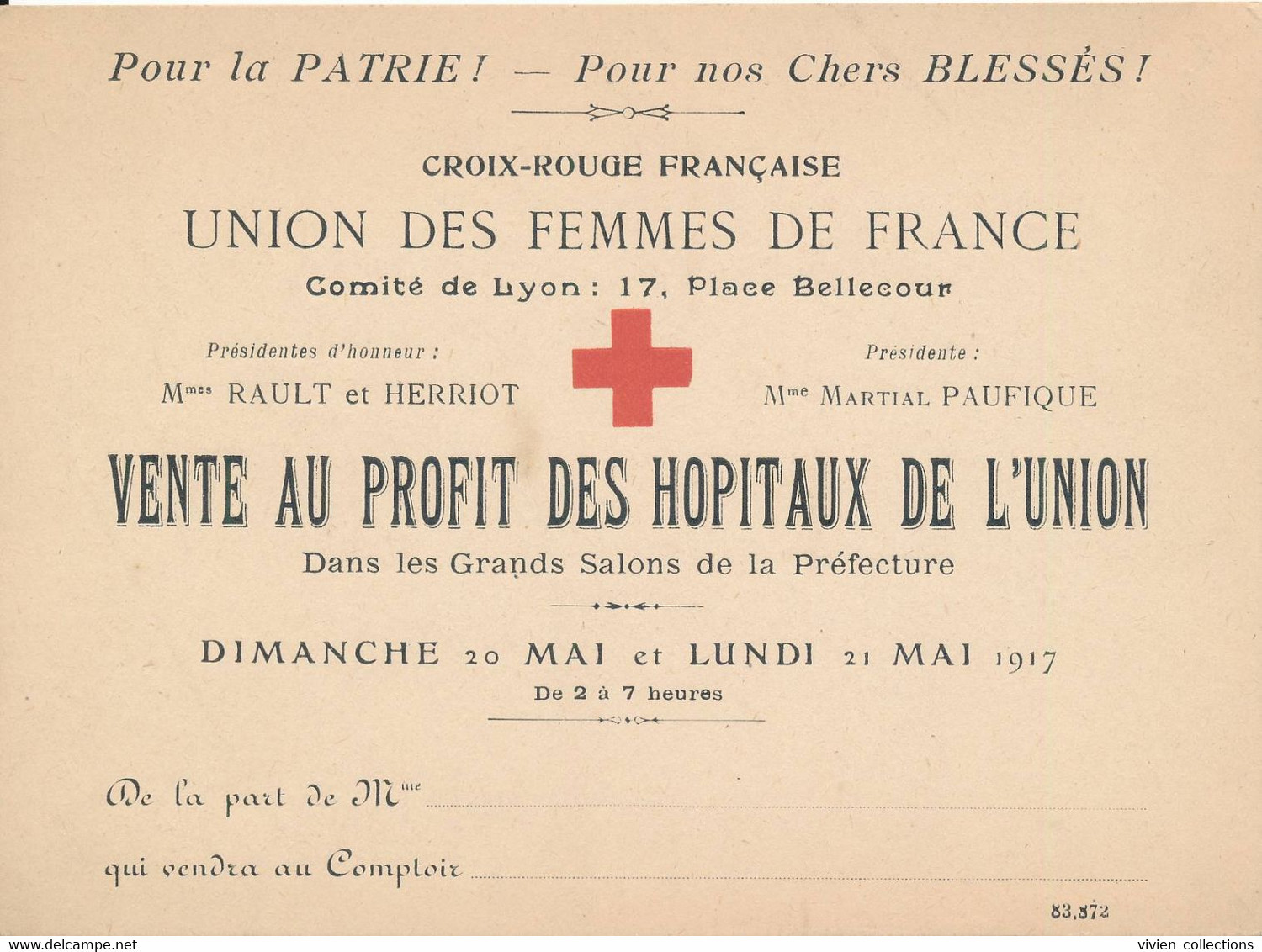 Croix Rouge Lyon (69 Rhône) Union Des Femmes De France Hôpital 14/18 Vente Au Profit Des Hôpitaux De L'Union 1917 - Other & Unclassified