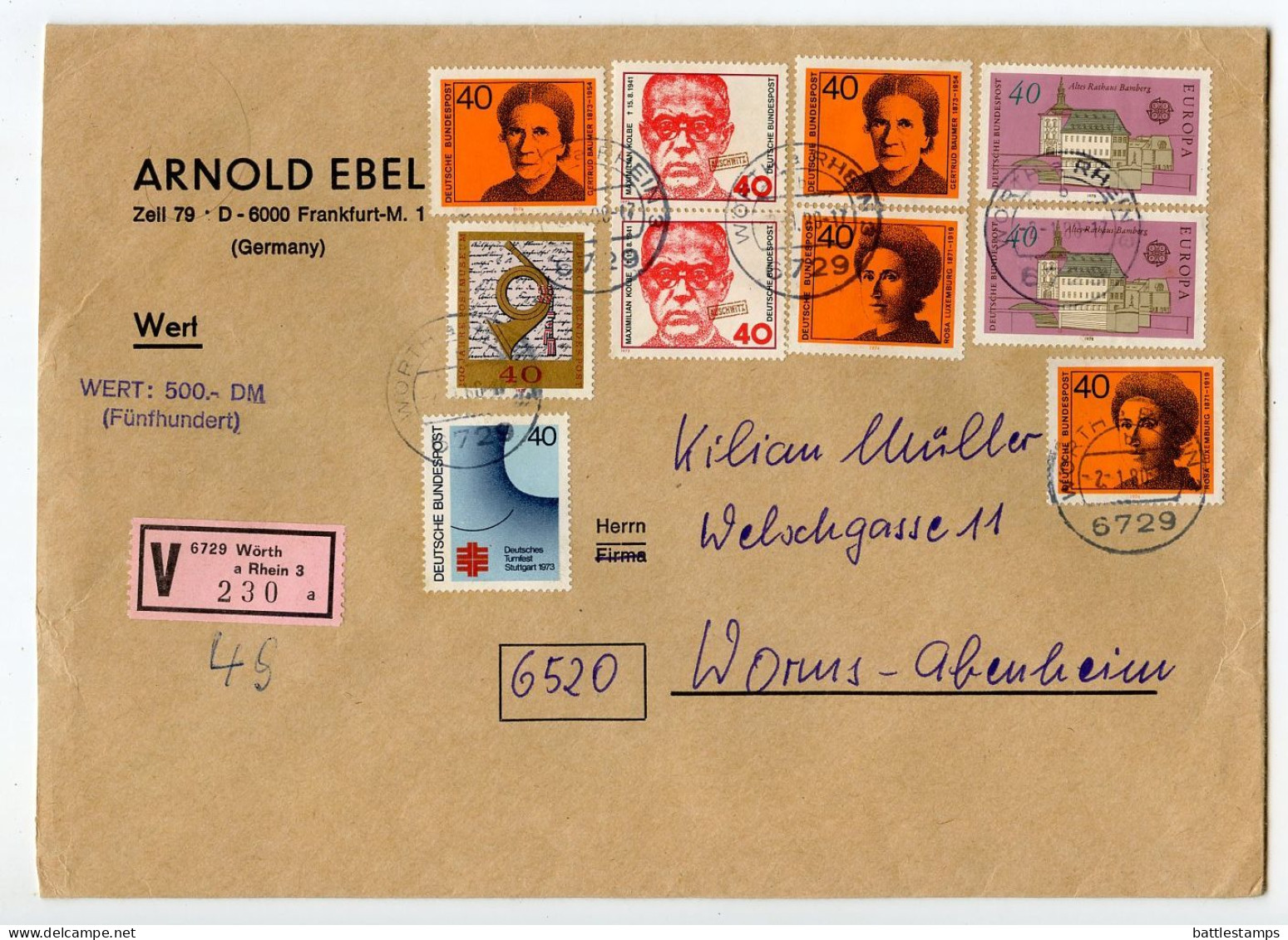 Germany, West 1980 Insured V-Label Cover; Wörth A Rhein To Worms-Abenheim; Mix Of Stamps - Covers & Documents