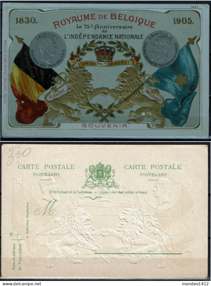 75e Anniversaire De L'Indépendance Nationale 1830-1905 - Léopold I Et Léopold II En Médaillon (carte Gaufrée) - Altri & Non Classificati