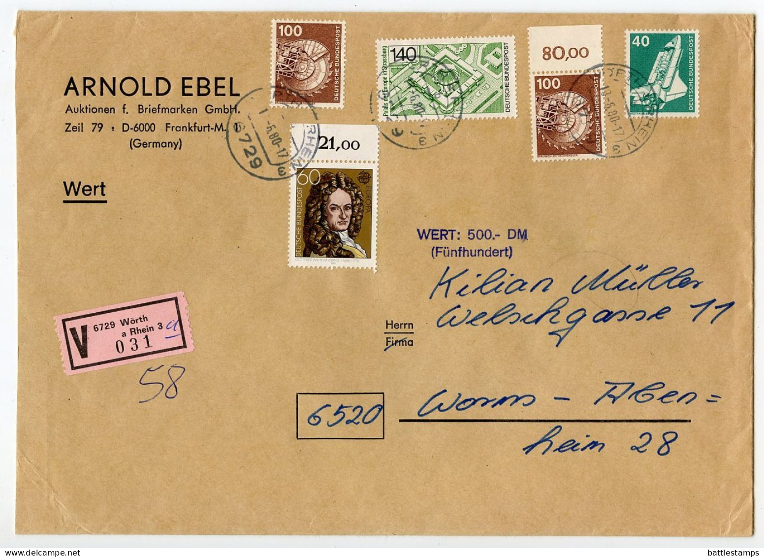 Germany, West 1980 Insured V-Label Cover; Wörth A Rhein To Worms-Abenheim; Mix Of Stamps - Covers & Documents