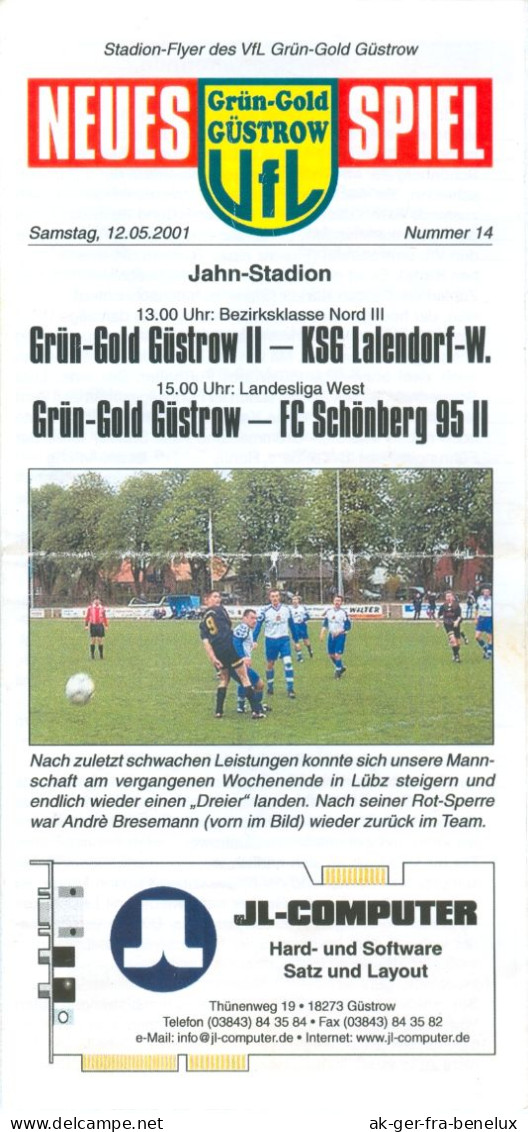 Fußball-Programm PRG VfL Güstrow - FC Schönberg 95 II 12. 5. 2001 KSG Lalendorf/ Wattmannshagen Mecklenburg-Vorpommern - Programs