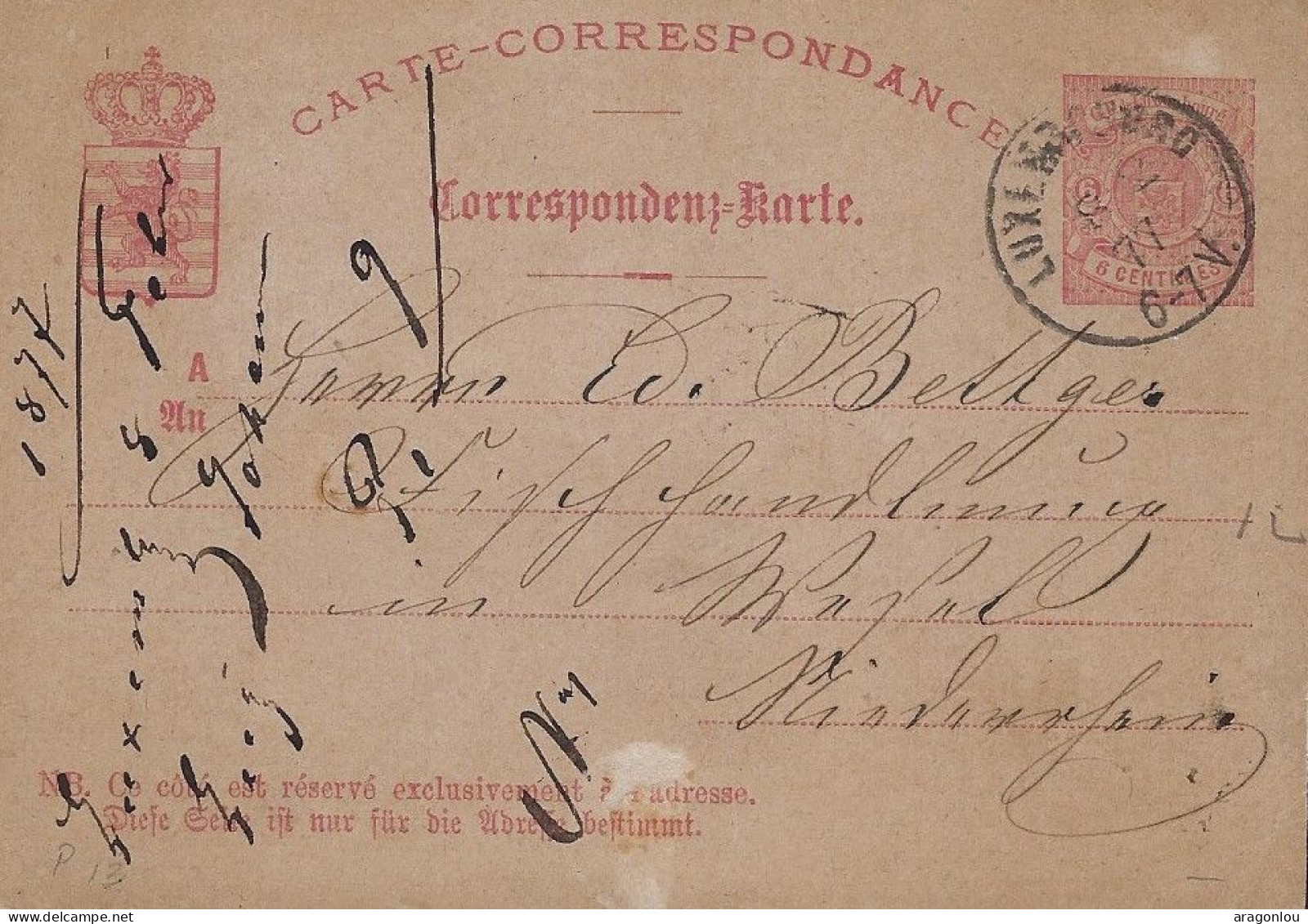 Luxembourg - Luxemburg - Carte-Correspondance  1877  Cachet Luxembourg - Postwaardestukken