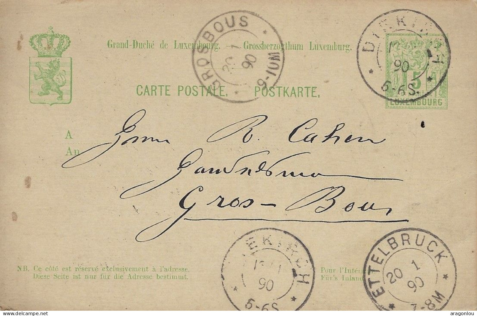 Luxembourg - Luxemburg - Carte-Correspondance  1890   Cachet  Grosbous  -  Diekirch  -  Ettelbruck - Ganzsachen