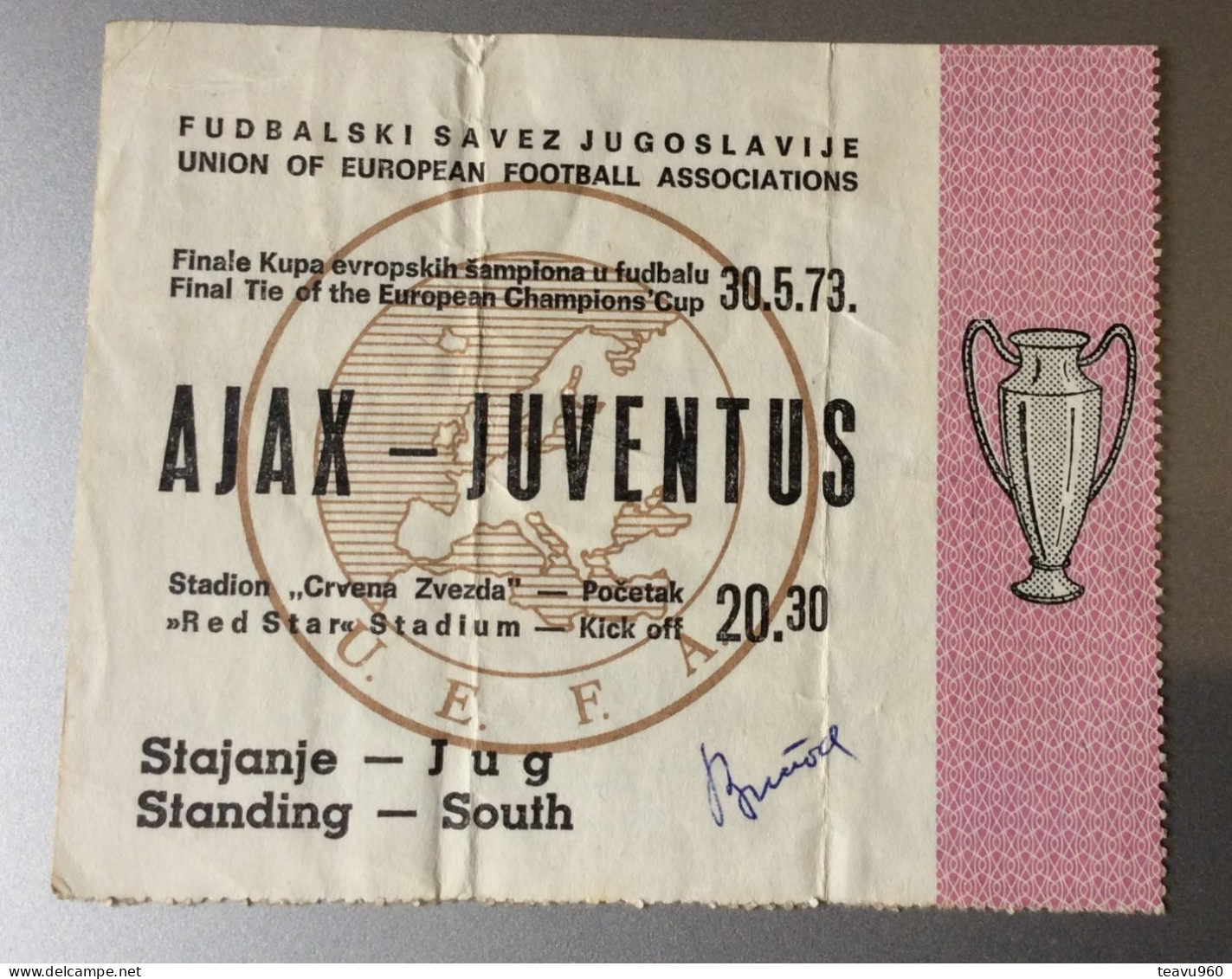 OLD POSTCARD TICKET UNION OF EUR. FOOTBALL ASS. 30.05.1973. AJAX - JUVENTUS " RED STAR " STADIUM BEOGRAD YUGOSLAVIA - Tickets - Entradas