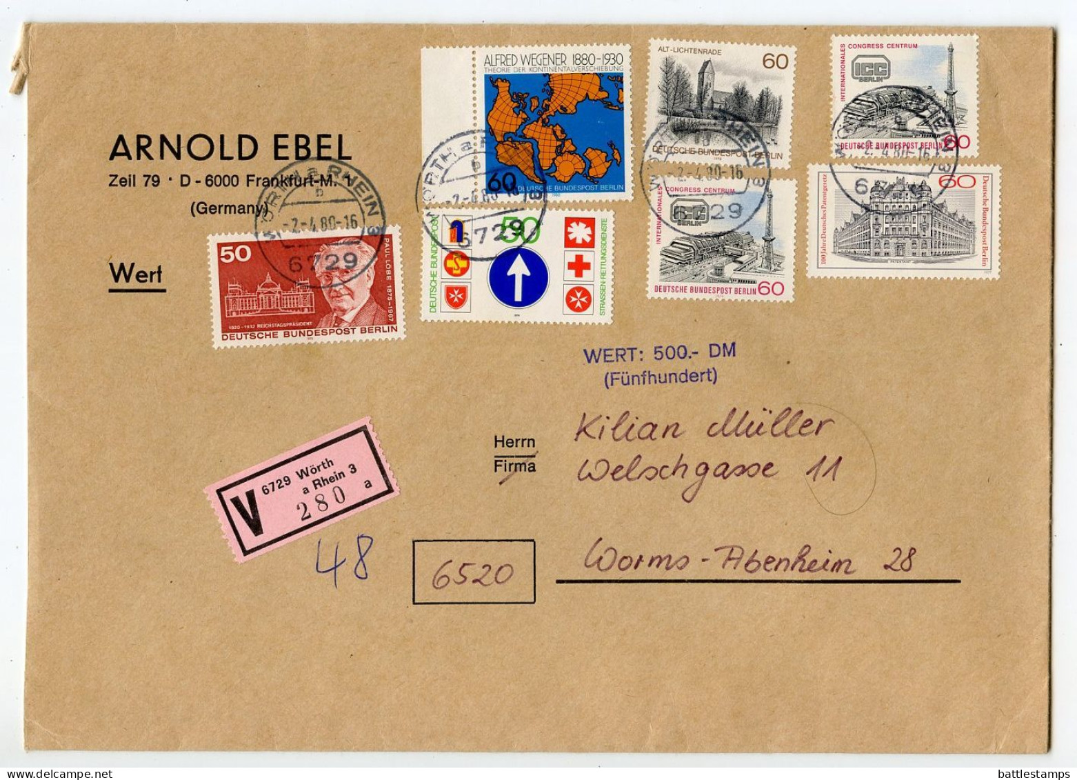 Germany, West 1980 Insured V-Label Cover; Wörth A Rhein To Worms-Abenheim; Mix Of Mostly Berlin Stamps - Storia Postale