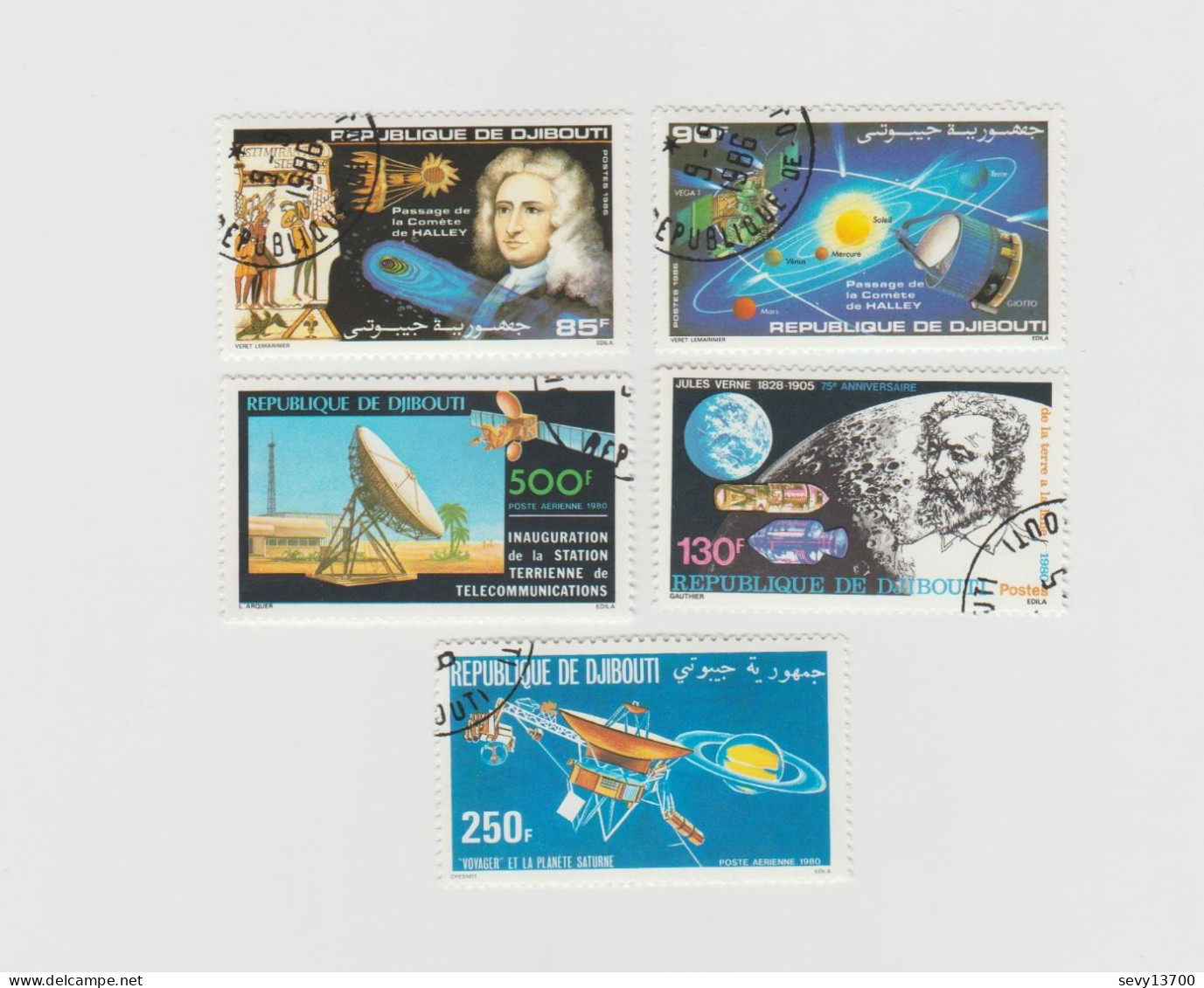 Djibouti Lot 7 Timbres Espace Comète Halley  Station Télécommunications - J. Verne - Voyager - Fusée Ariane - Gibuti (1977-...)