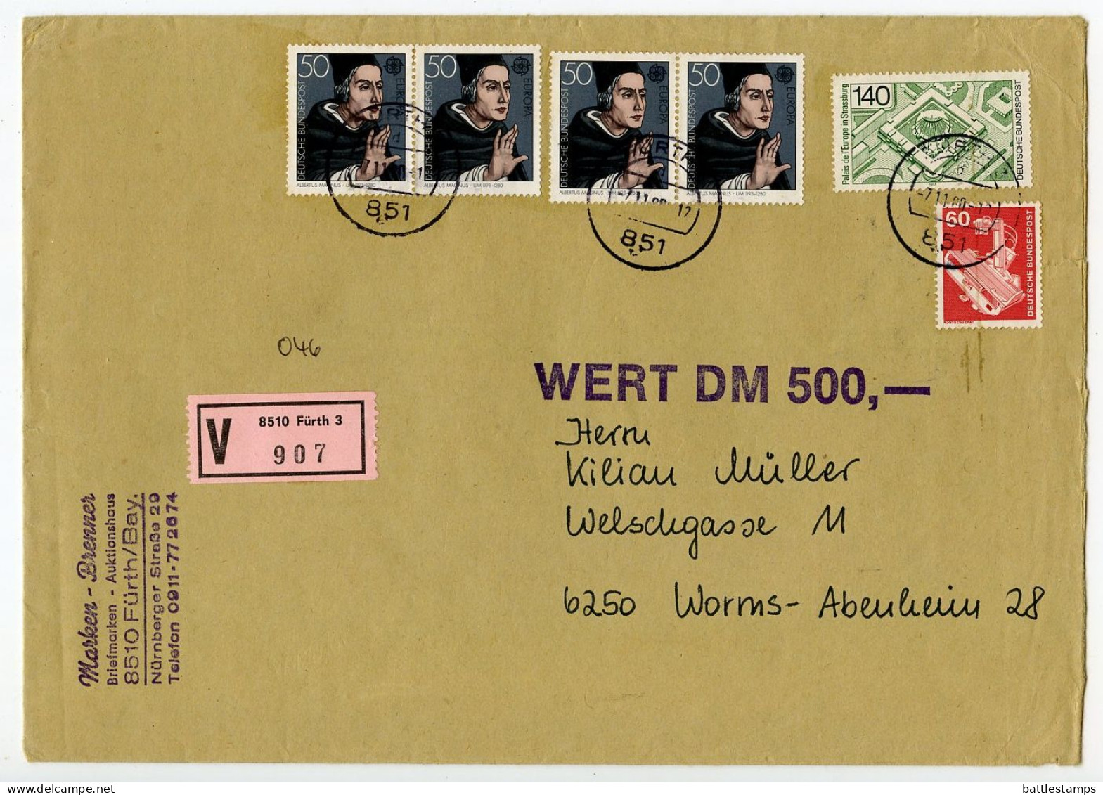 Germany, West 1980 Insured V-Label Cover; Fürth To Worms-Abenheim; Mix Of Stamps - Lettres & Documents