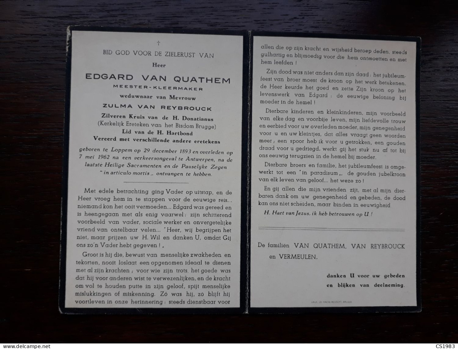 Meester-Kleermaker - Edgard Van Quathem ° Loppem 1893 + Antwerpen 1962 X Zulma Van Reybrouck - Obituary Notices
