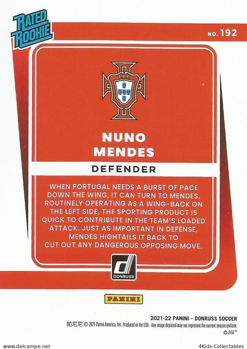 Soccer 2021-22 Panini Donruss #192 Nuno Mendes RC - Trading Cards