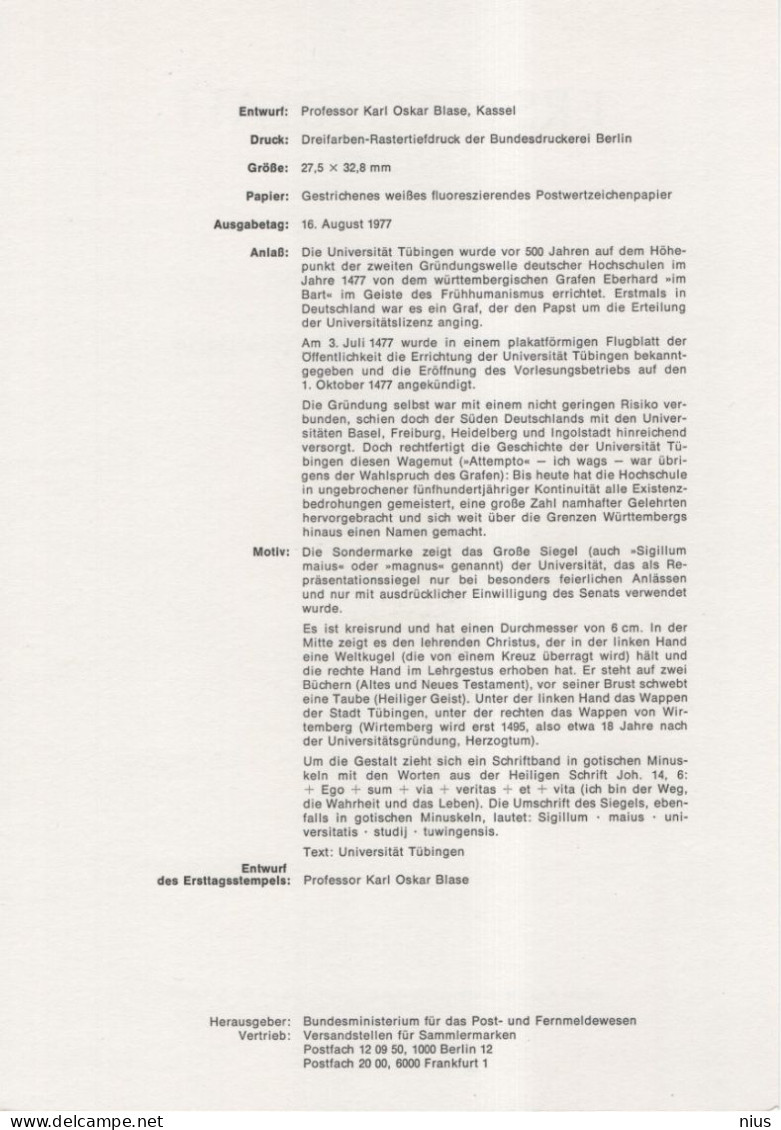 Germany Deutschland 1977-22 500 Jahre Universität Tübingen, University, Canceled In Bonn - 1974-1980