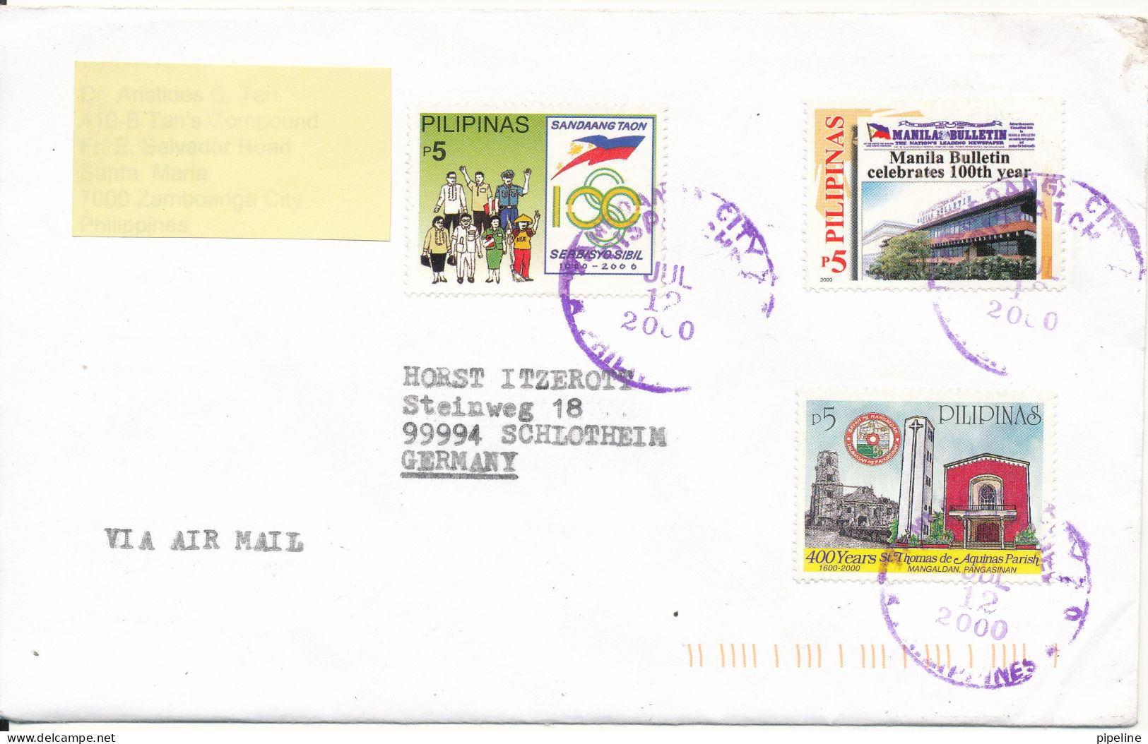 Philippines Cover Sent Air Mail To Germany 12-7-2000 Topic Stamps - Philippines