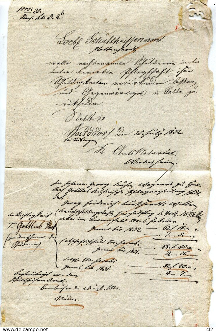 WURTEMBERG - 27.07.1832 - Lettre TÜBINGEN Nach PLATTENHARDT - Storia Postale