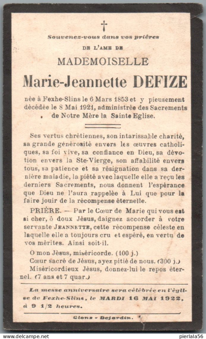 Bidprentje Fexhe - Defize Marie Jeannette (1853-1921) - Santini