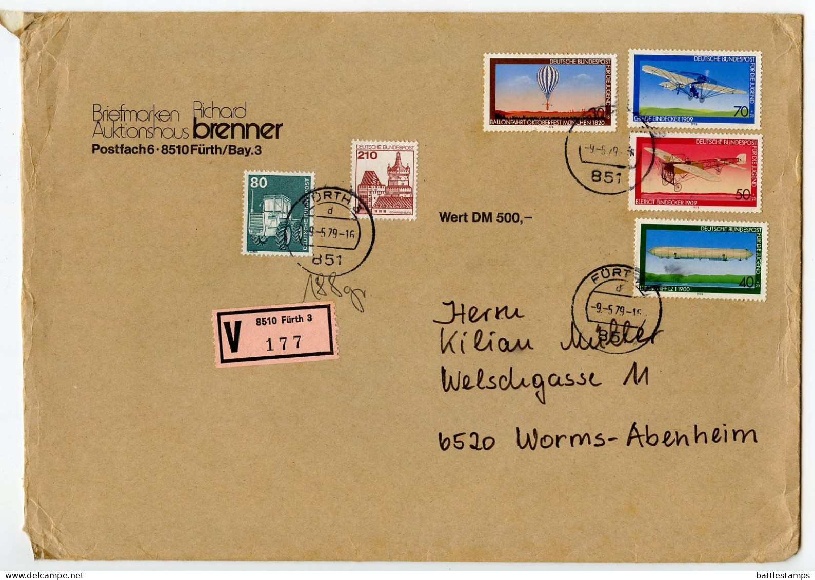 Germany, West 1979 Insured V-Label Cover; Fürth To Worms-Abenheim; Mix Of Stamps - Historic Aviation Semi-Postals - Brieven En Documenten