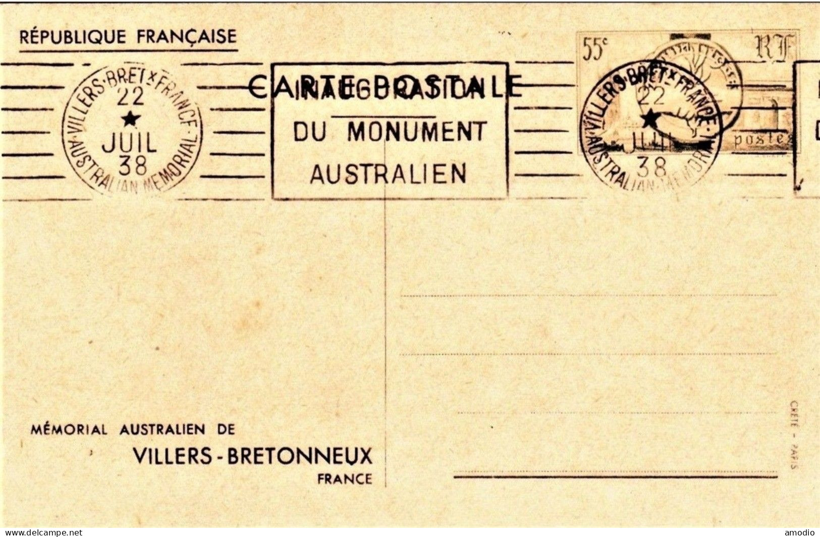 France CP 55c ++couleur Vert Olive++ Mémorial Australien Villers Bretonneux 22/07/38 - Standard Postcards & Stamped On Demand (before 1995)