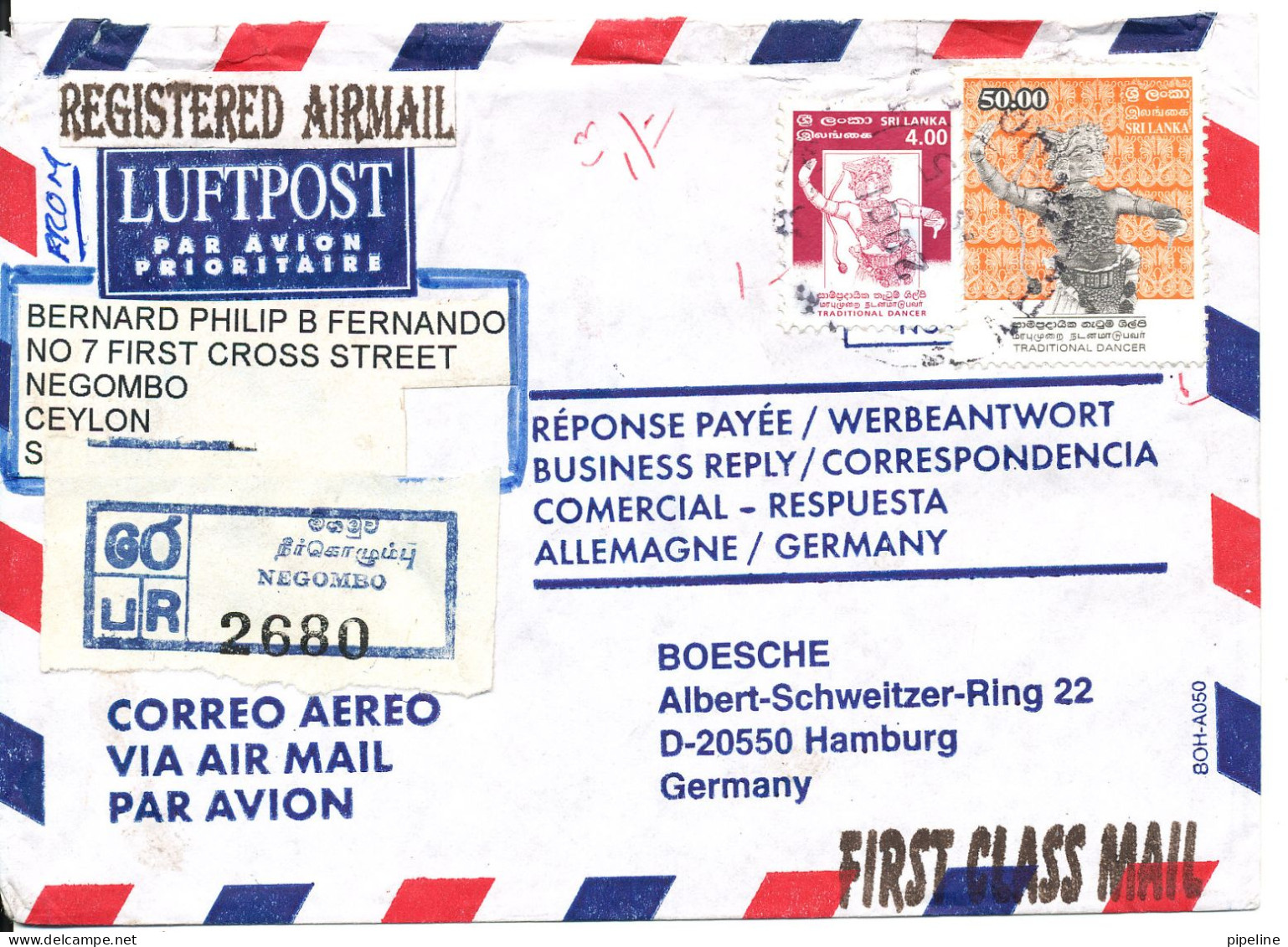 Sri Lanka Registered Air Mail Cover Sent To Germany 17-8-2001 - Sri Lanka (Ceylon) (1948-...)
