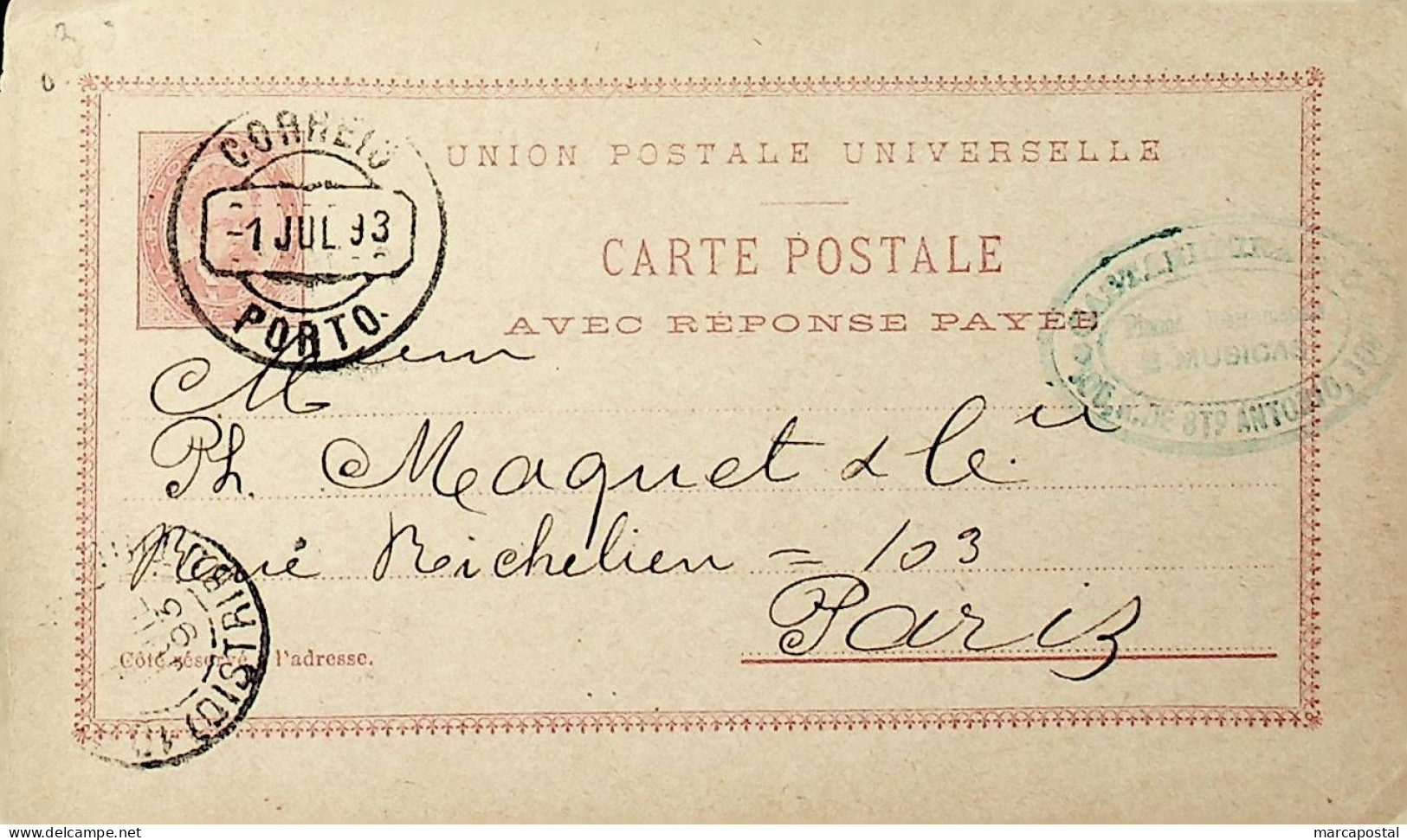 1893 Portugal Bilhete Postal Inteiro D. Luís Resposta Paga 20 + 20 R. Rosa Claro Enviado Do Porto Para Paris - Interi Postali
