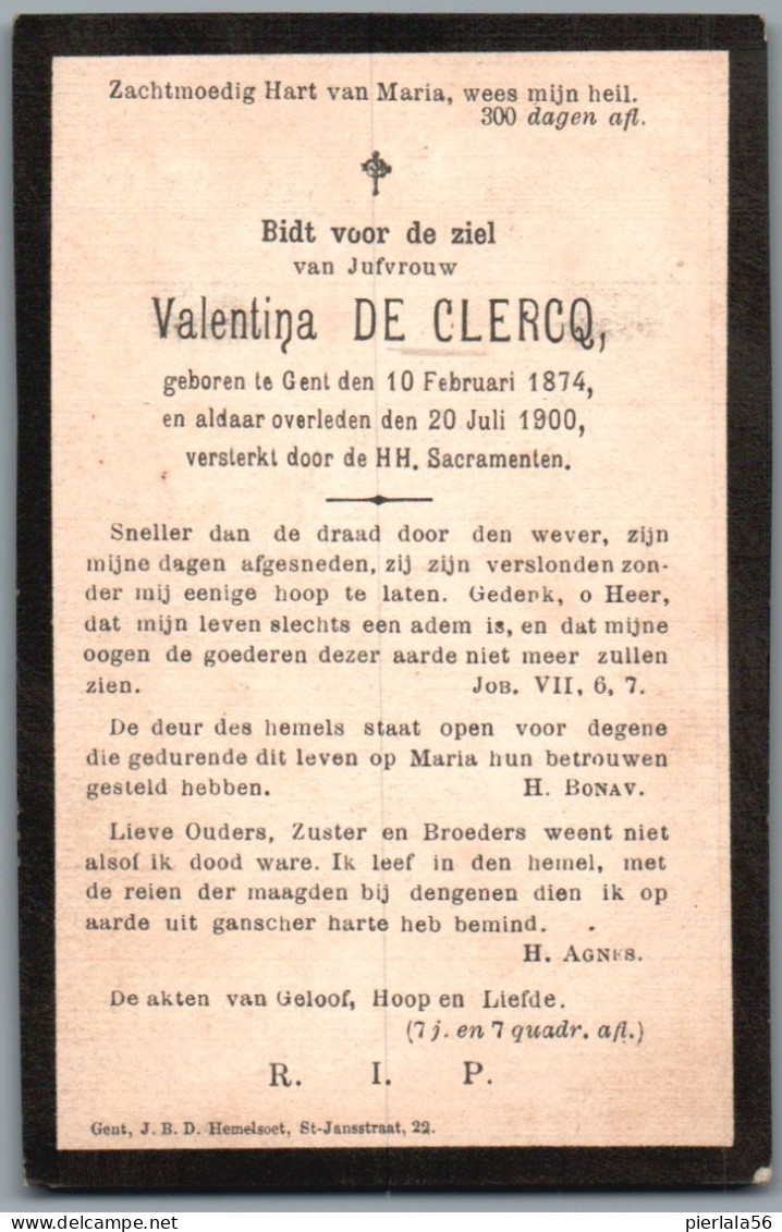 Bidprentje Gent - De Clercq Valentina (1874-1900) - Devotieprenten