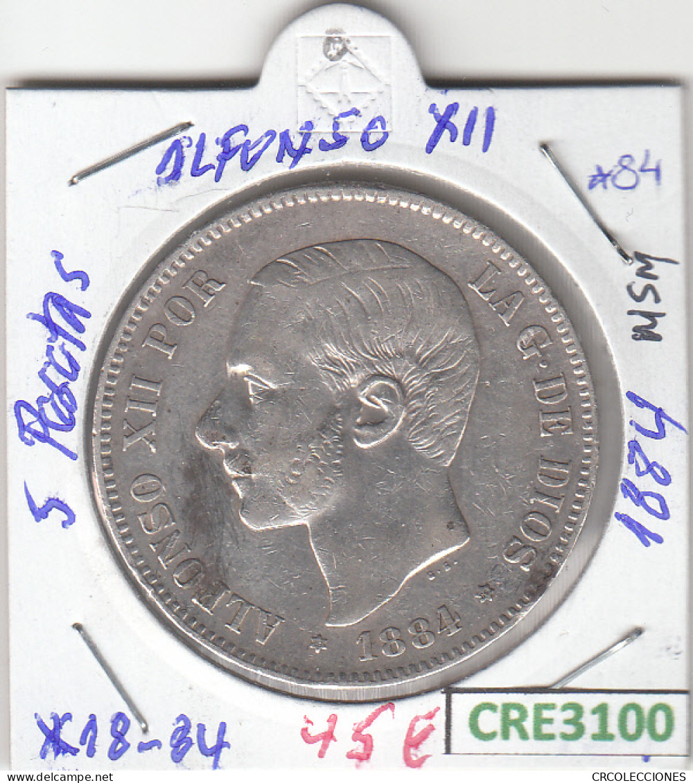 CRE3100 MONEDA ESPAÑA ALFONSO XII 5 PESETAS 1884 *18-84 MSM MBC+ - Altri & Non Classificati