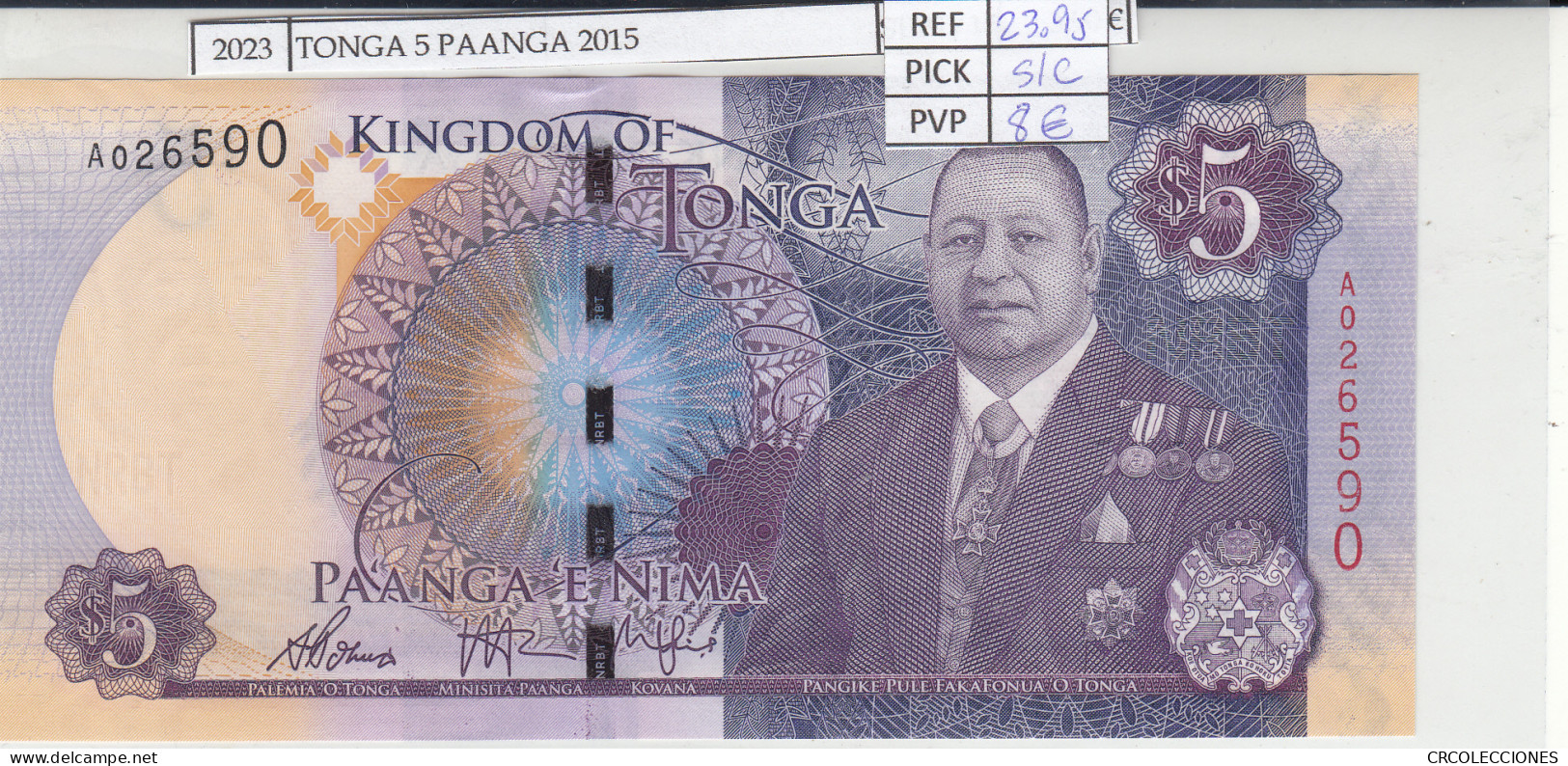 BILLETE TONGA 5 PAANGA 2015 P-45 SIN CIRCULAR - Sonstige – Ozeanien