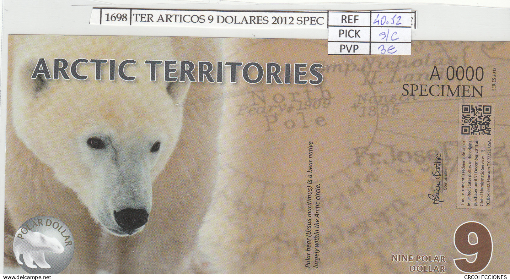 BILLETE TERR. ARTICOS 9 DOLARES 2012 SPECIMEN POLIMERO ARC-10 SIN CIRCULAR - Altri – Oceania