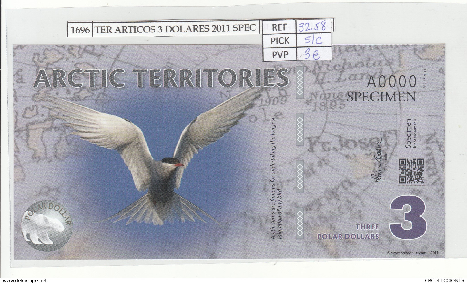 BILLETE TERR. ARTICOS 3 DOLARES 2011 SPECIMEN POLIMER ARC-05 SIN CIRCULAR - Other - Oceania