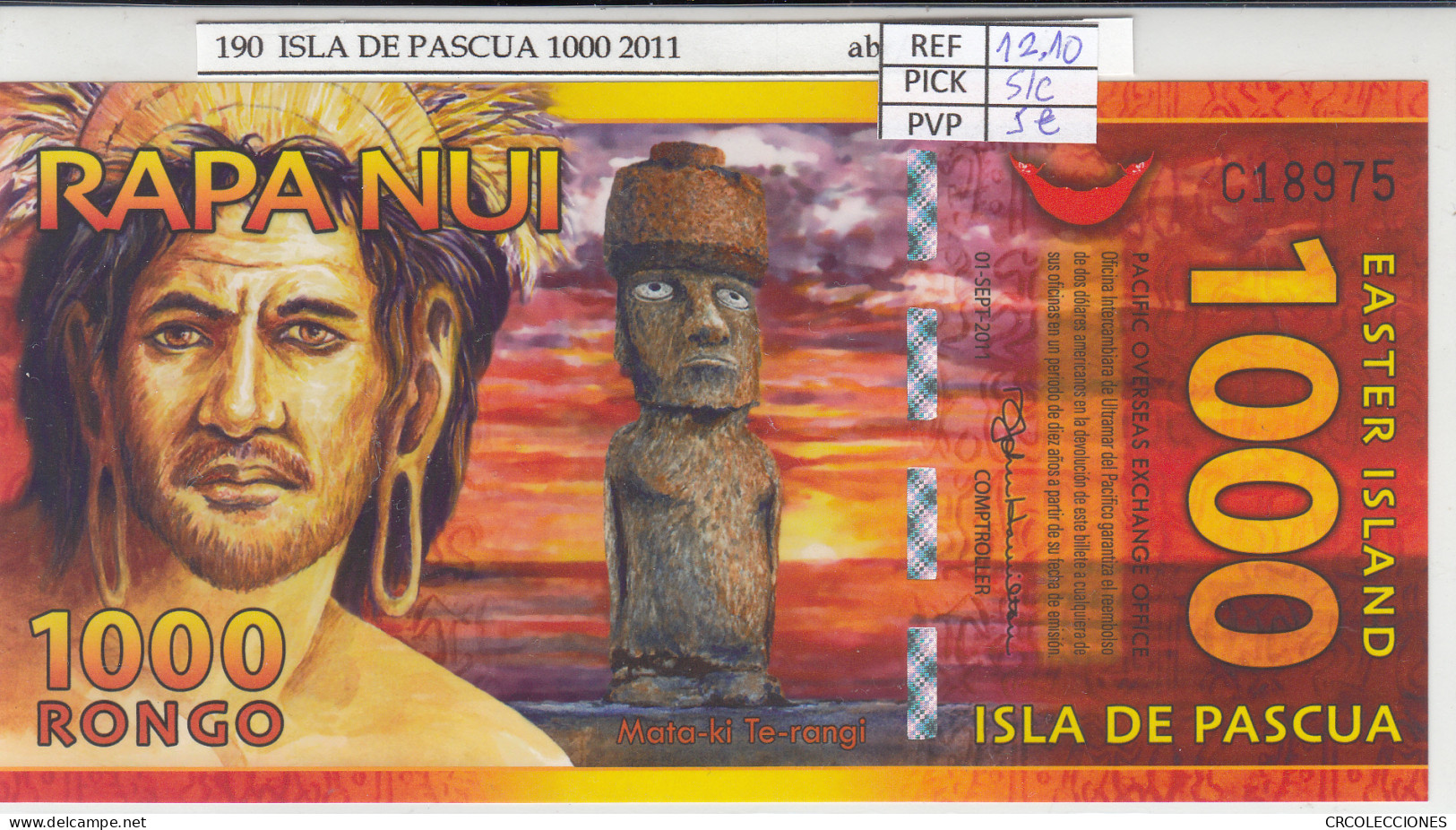 BILLETE ISLAS DE PASCUA 1000 RONGO 2011 POLIMERO EI-02 SIN CIRCULAR - Altri – America