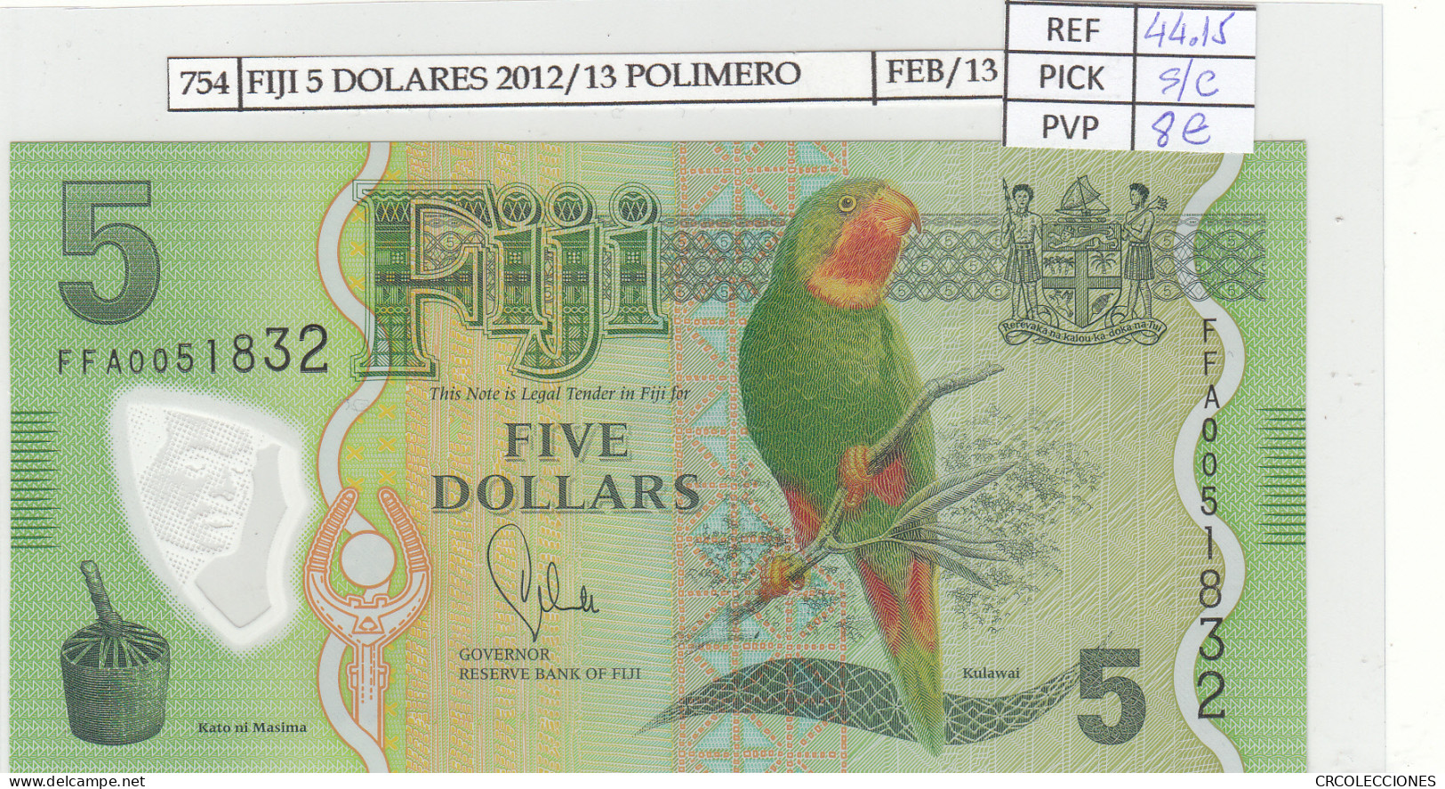 BILLETE FIJI 5 DOLARES 2012 POLIMERO P-115a SIN CIRCULAR - Altri – Oceania