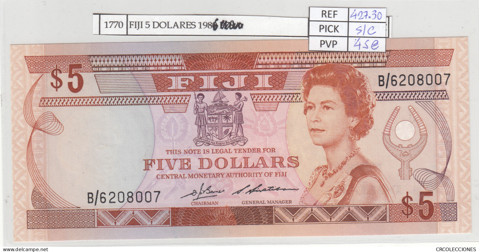 BILLETE FIJI 5 DOLARES 1986 P-83a SIN CIRCULAR - Altri – Oceania