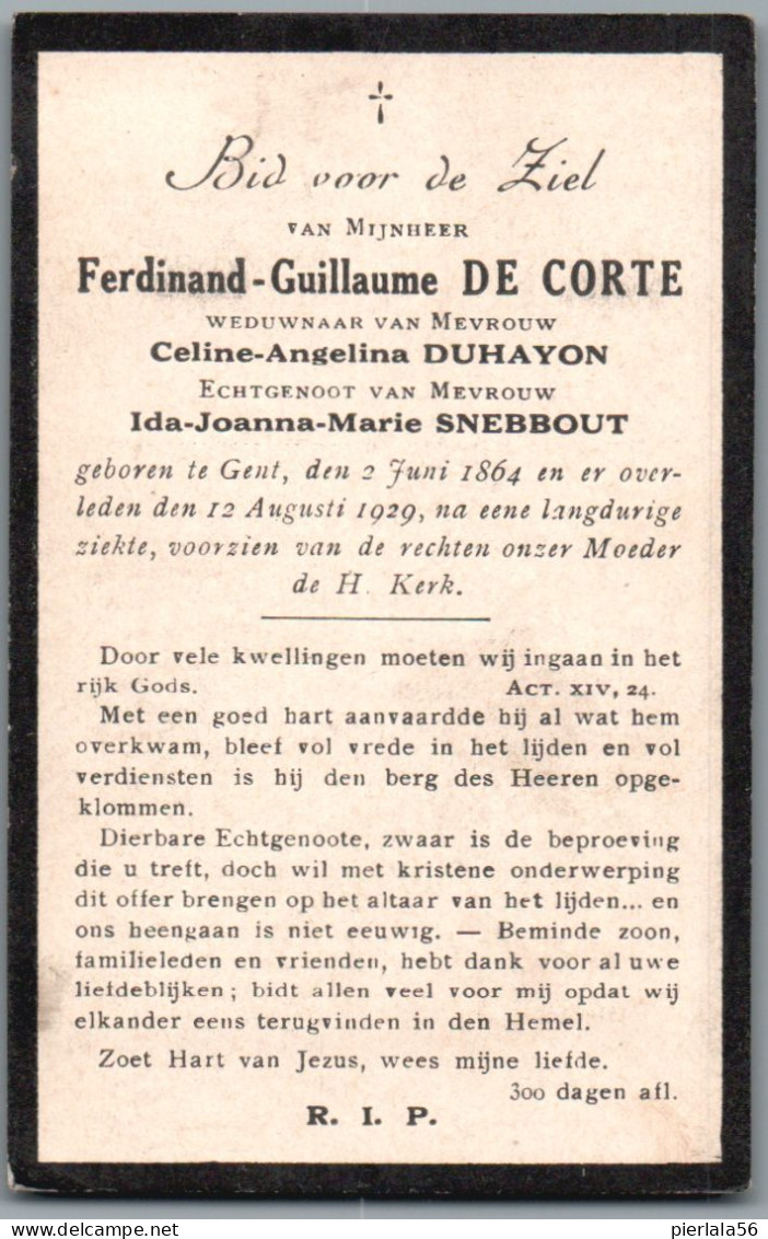 Bidprentje Gent - De Corte Ferdinand Guillaume (1864-1929) - Images Religieuses