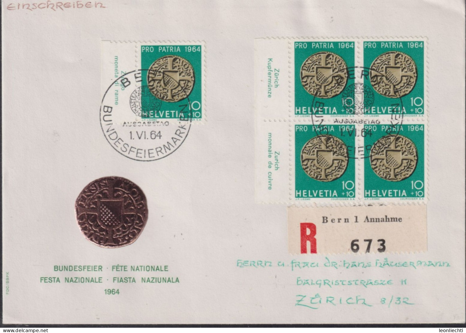 1964 Schweiz FDC, R- Brief, Mi:CH 796, Yt:CH 731, Zum:CH B119, Tabs: Kupfermünze, Zürich - Brieven En Documenten