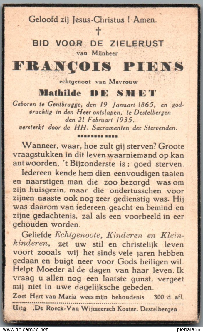 Bidprentje Gentbrugge - Piens François (1865-1935) - Santini