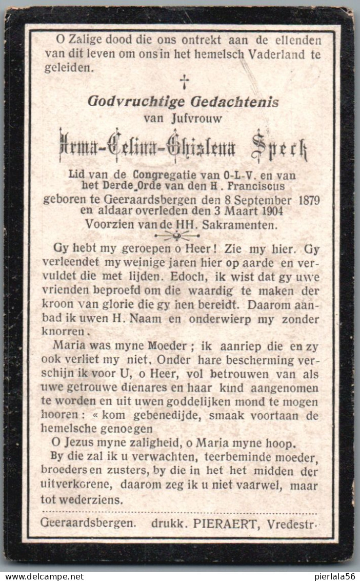 Bidprentje Geraardsbergen - Speck Irma Celina Ghislena (1879-1904) - Imágenes Religiosas