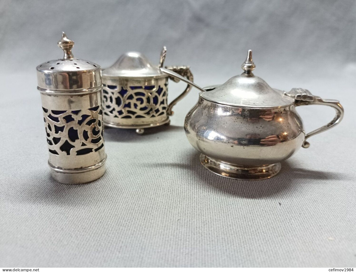 3 Antique Hallmarked Solid Silver Blue Glass Lined Condiment Jar And Shakers, Each Lined With Blue Glass - Art Nouveau / Art Deco