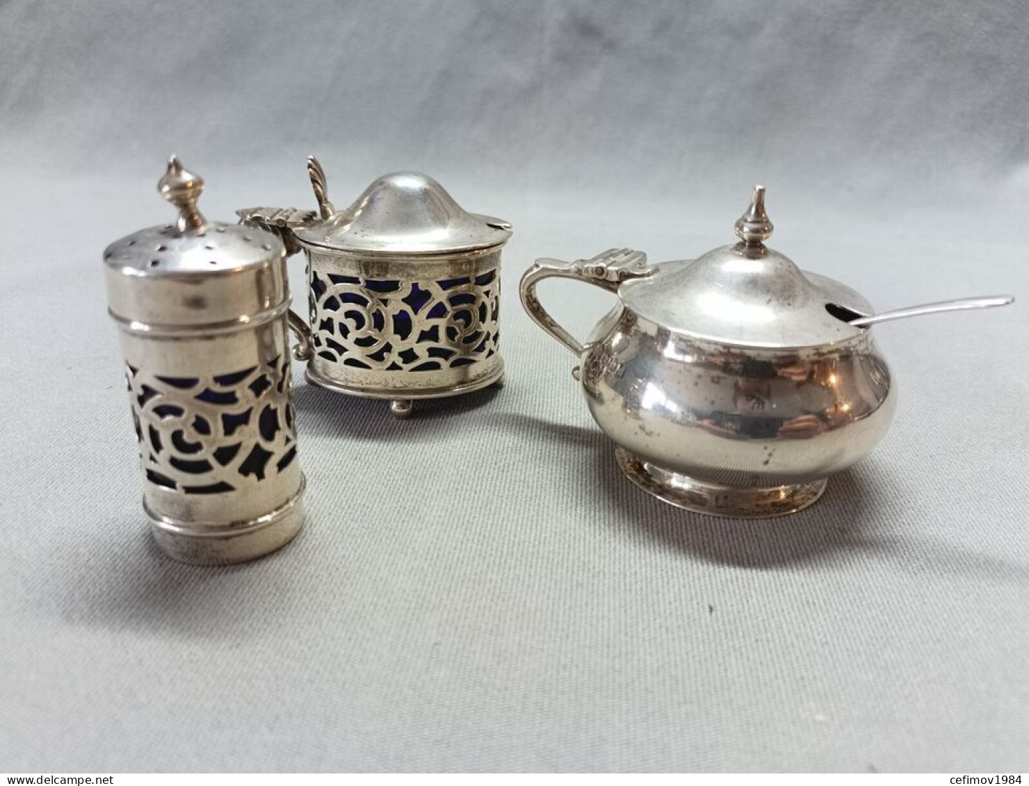 3 Antique Hallmarked Solid Silver Blue Glass Lined Condiment Jar And Shakers, Each Lined With Blue Glass - Art Nouveau / Art Deco