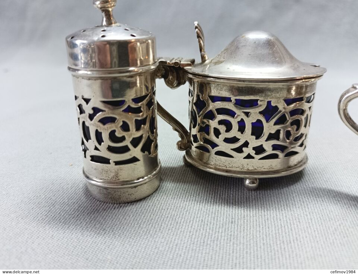 3 Antique Hallmarked Solid Silver Blue Glass Lined Condiment Jar And Shakers, Each Lined With Blue Glass - Art Nouveau / Art Deco