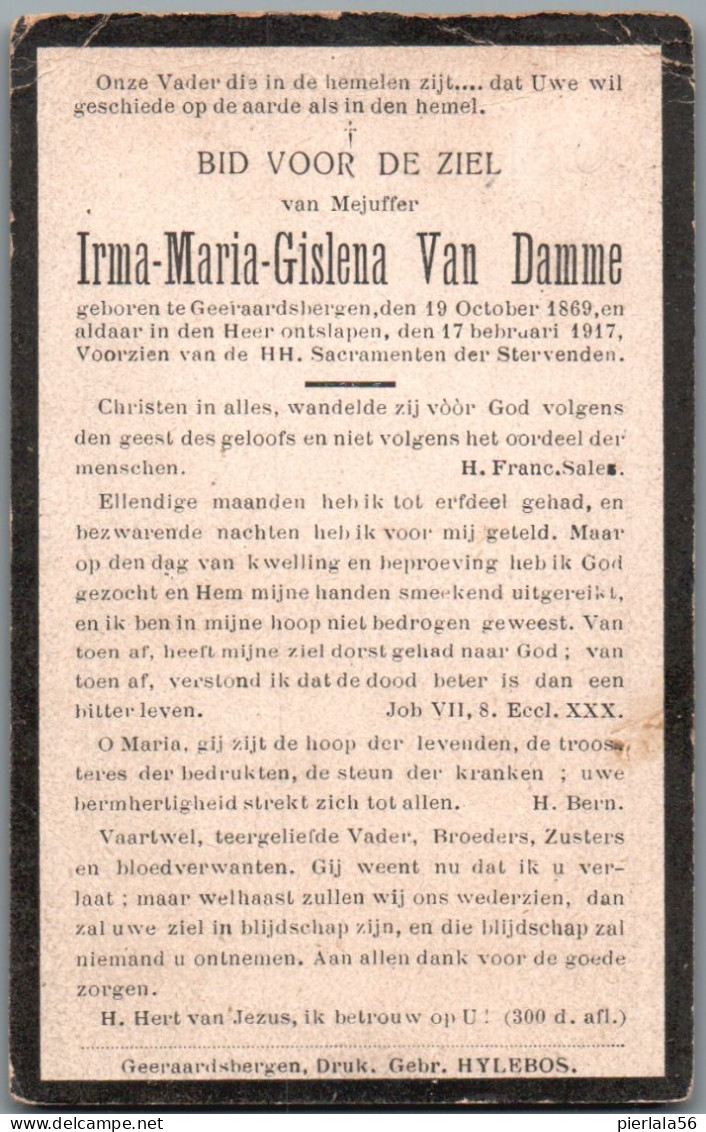 Bidprentje Geraardsbergen - Van Damme Irma Maria Gislena (1869-1917) - Santini