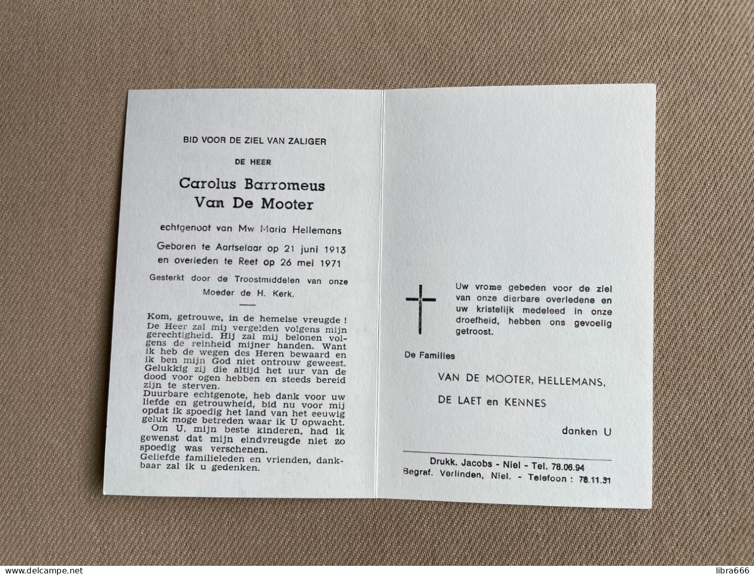 VAN DE MOOTER Carolus Barromeus °AARTSELAAR 1913 +REET 1971 - HELLEMANS - DE LAET - KENNES - Obituary Notices