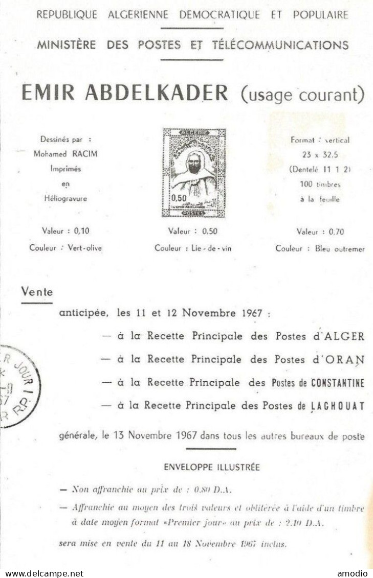 Algérie Emission YT 455/7 Émir Abdelkader. Alger 11/11/67 Doc Philatélique Direction Générale Des Postes - Algérie (1962-...)