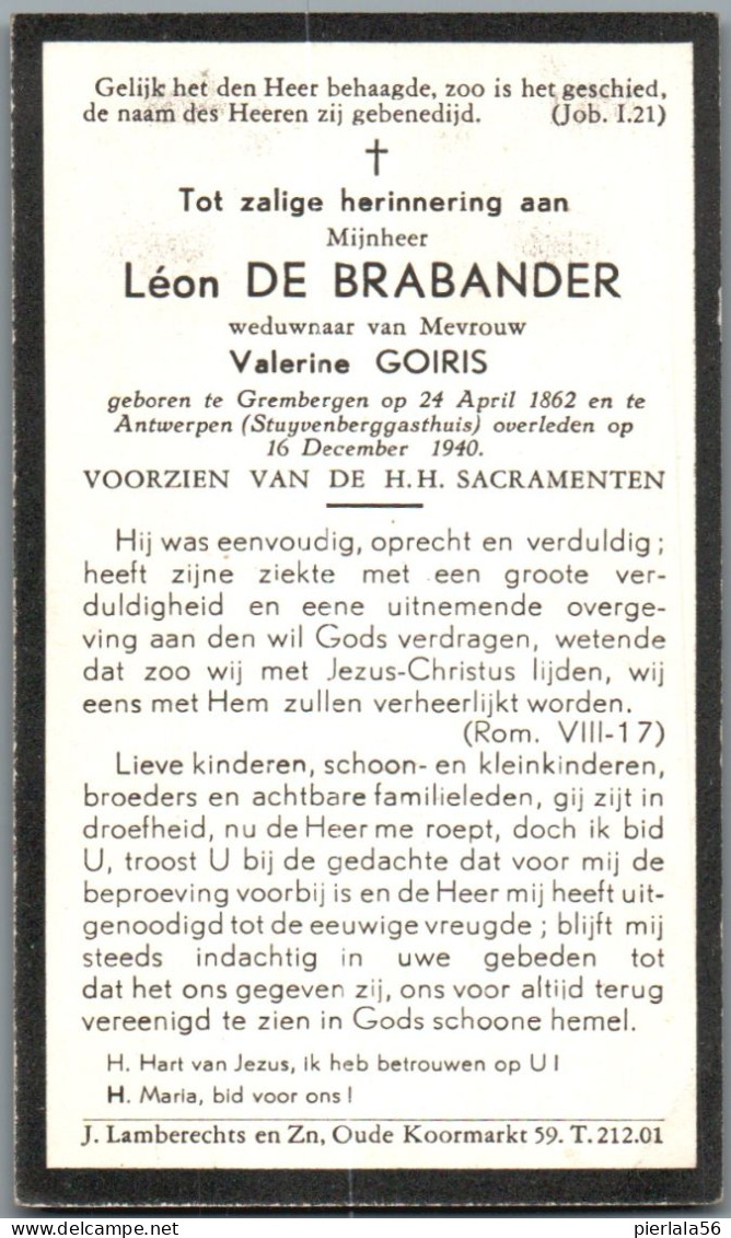 Bidprentje Grembergen - De Brabander Léon (1862-1940) - Devotion Images