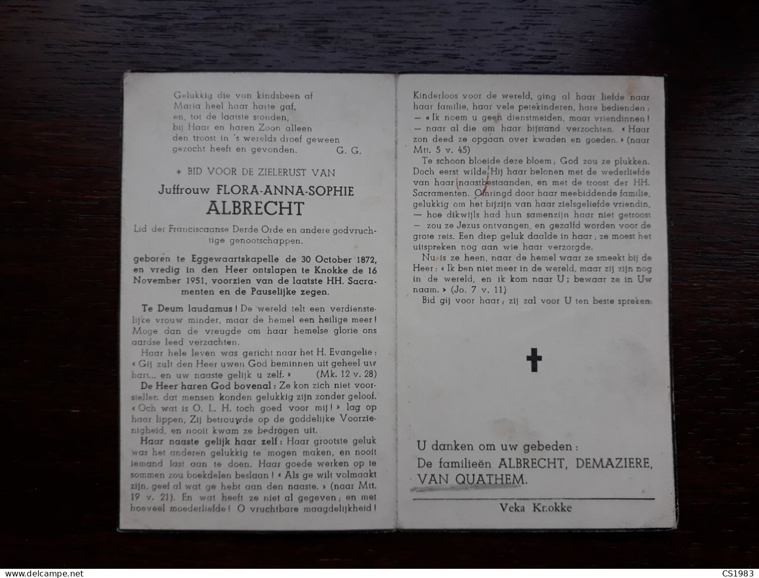 Flora Anna Sophie Albrecht ° Eggewaartskapelle 1872 + Knokke 1951 (Fam: Demaziere - Van Quathem) - Todesanzeige